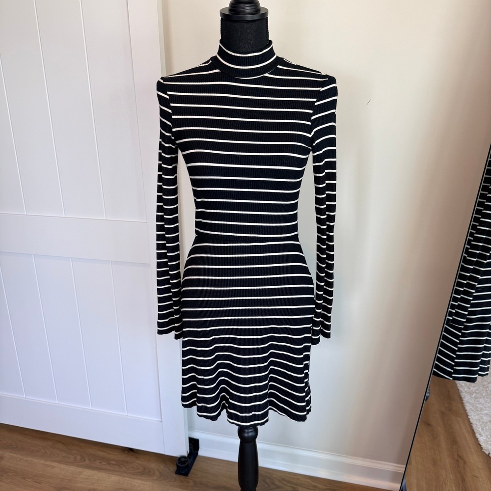 Reformation Black White Striped Ribbed Mock Neck Mini Dress Womens Size M